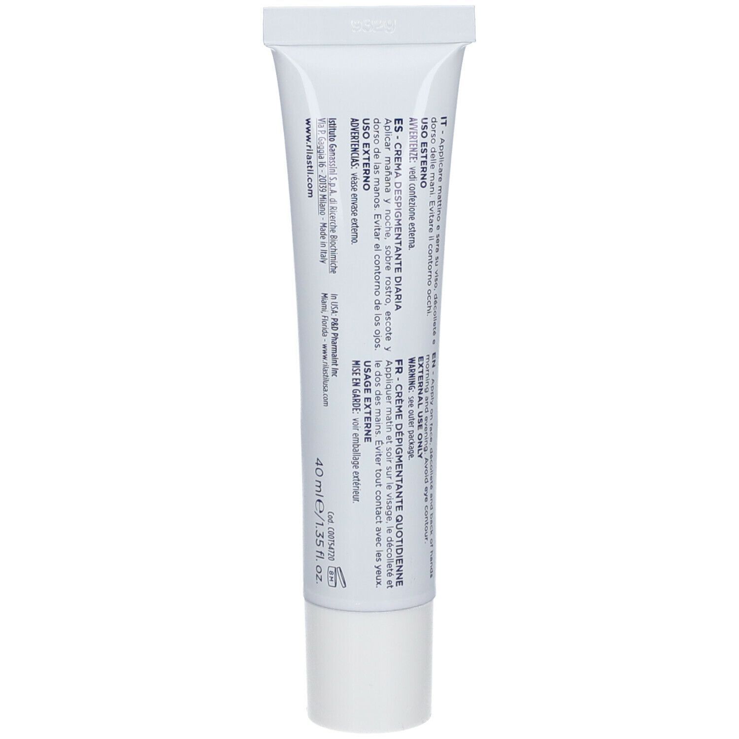 Retro del tubo bianco. Testo multilingue, 40 ml.