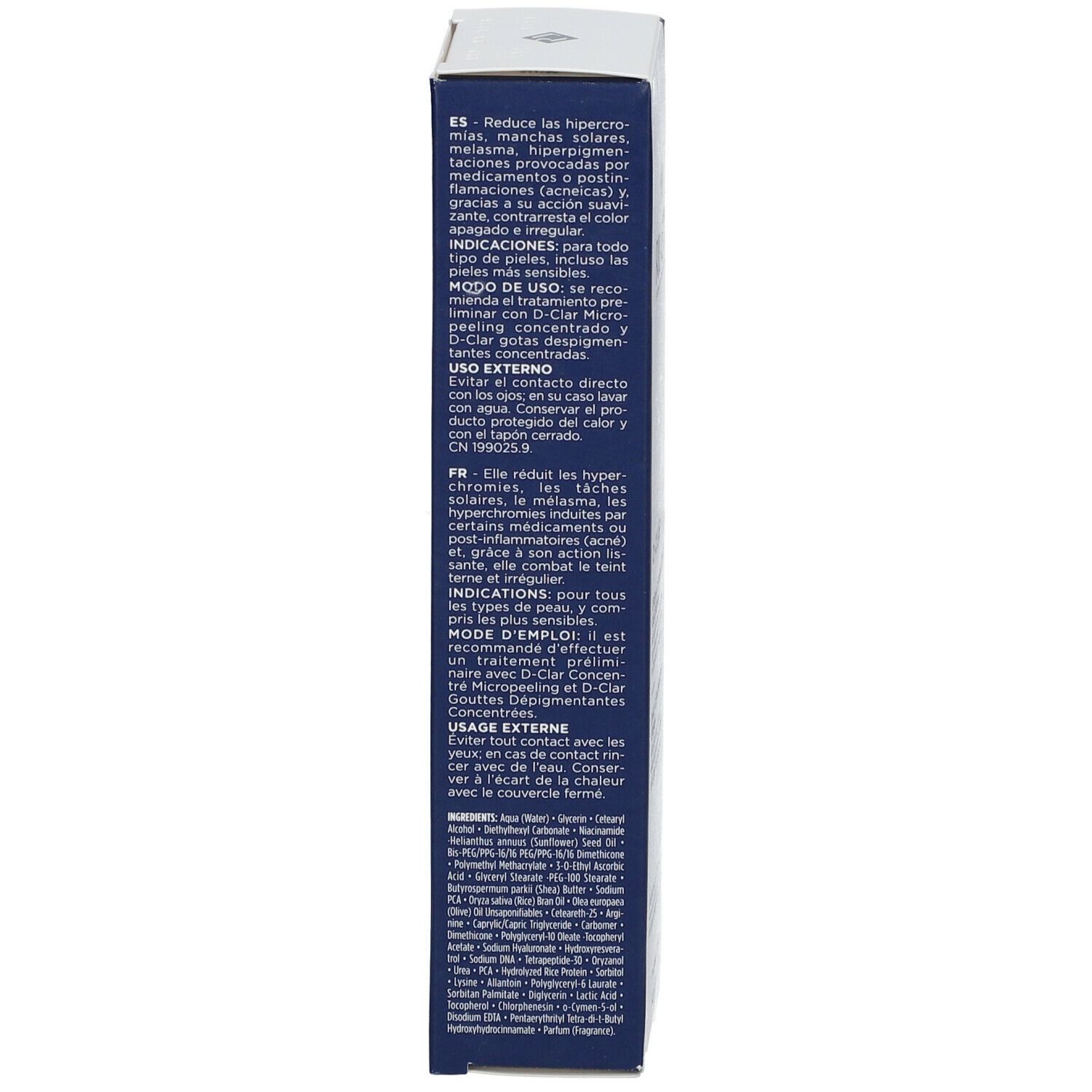 Lato della scatola Rilastil D-Clar. Testo multilingue, 40 ml.