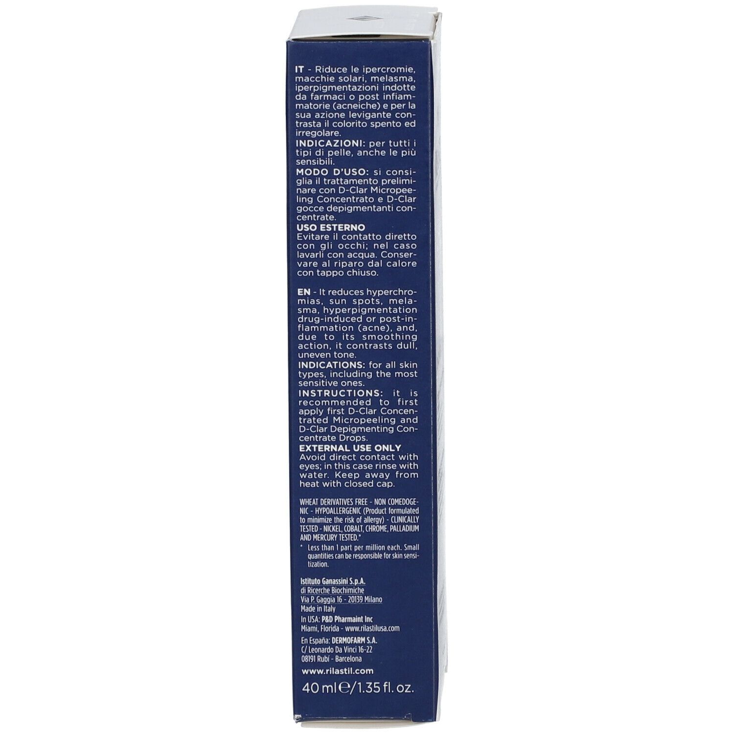 Lato della scatola Rilastil D-Clar. Testo multilingue, 40 ml.