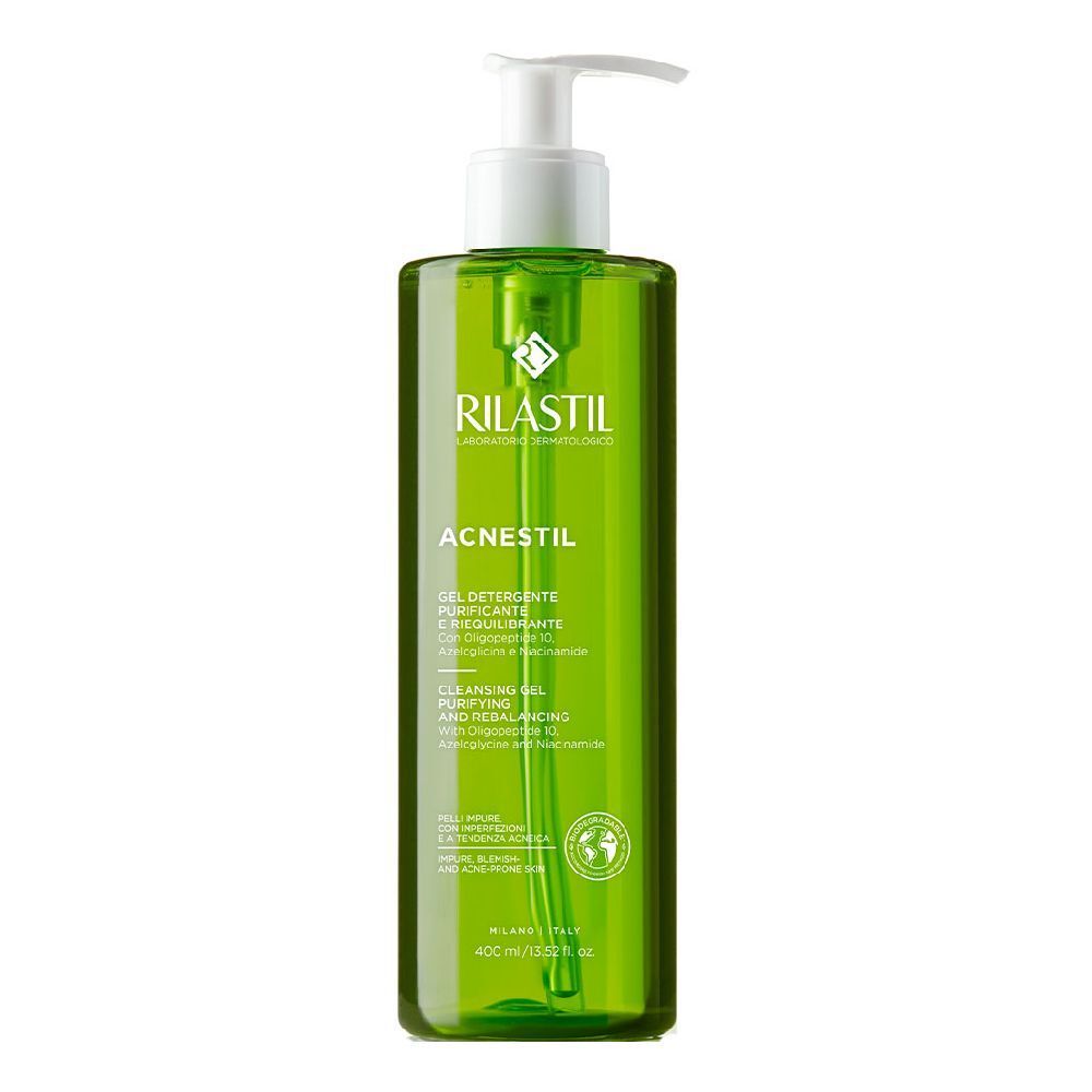 Flacone verde con dosatore bianco. Scritta: Rilastil, Acnestil. Gel detergente purificante e riequilibrante.