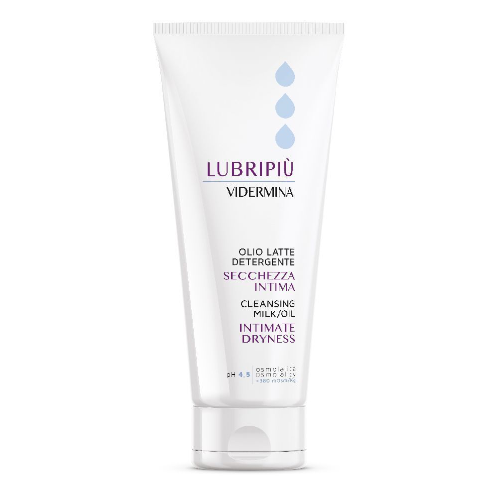 Tubo bianco con nome del prodotto e gocce blu. Testo: Latte/olio detergente, secchezza intima.