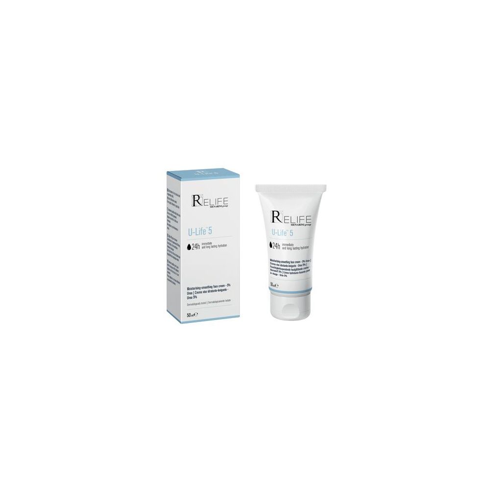 Tubo e scatola di crema. Scritta RELIFE, U-Life 5. Tubo bianco con scatola azzurra. Nome del prodotto e marchio visibili.