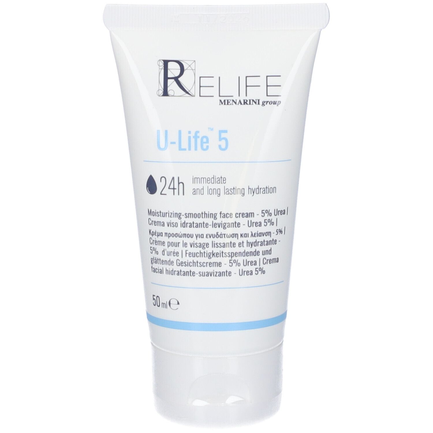 Tubo bianco con scritta RELIFE, U-Life 5. Testo: 24h immediate and long lasting hydration. 50ml. Nome del prodotto e marchio visibili.