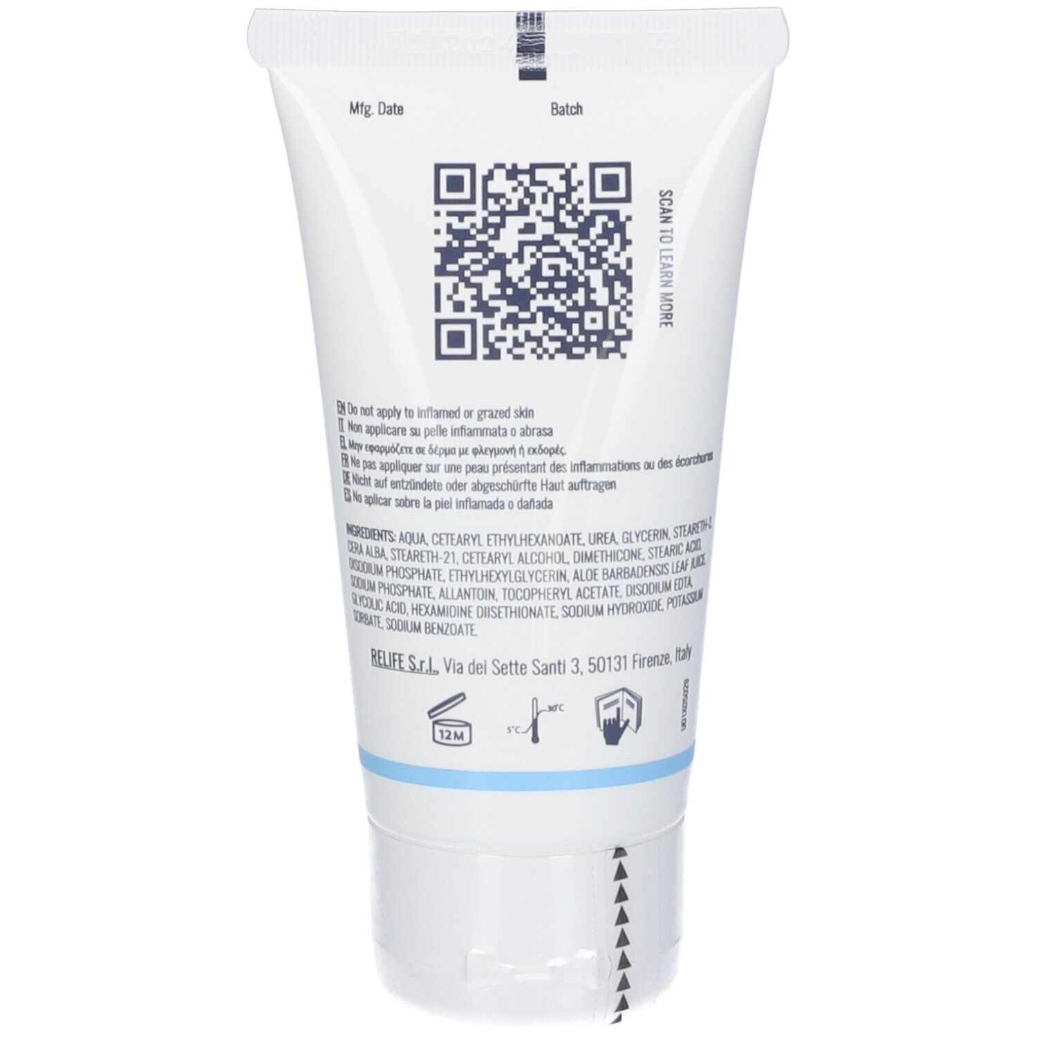 Retro del tubo. Codice QR e testo. Ingredienti e indirizzo del produttore. Tubo bianco con striscia azzurra.