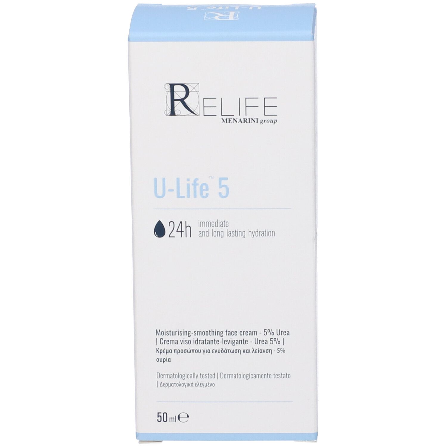 Scatola con scritta RELIFE, U-Life 5. Scatola bianca con accenti azzurri. Nome del prodotto e marchio visibili. 50ml.