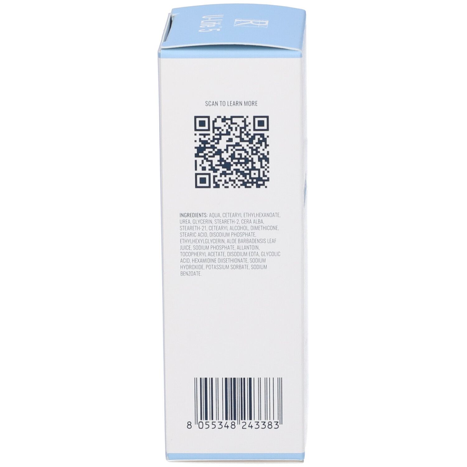Retro della scatola. Codice QR e testo. Ingredienti e indirizzo del produttore. Scatola bianca con accenti azzurri.