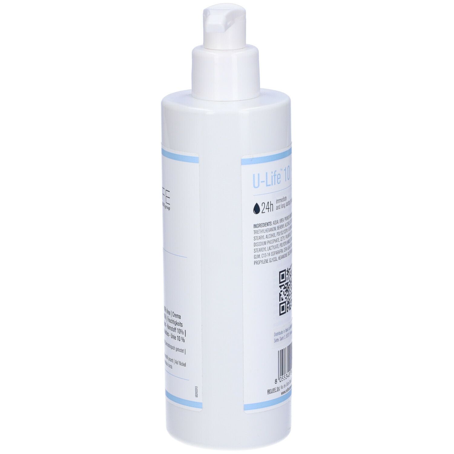 Flacone bianco con dosatore. Scritta: Relife U-Life 10. Retro con testo e QR code. 400ml.