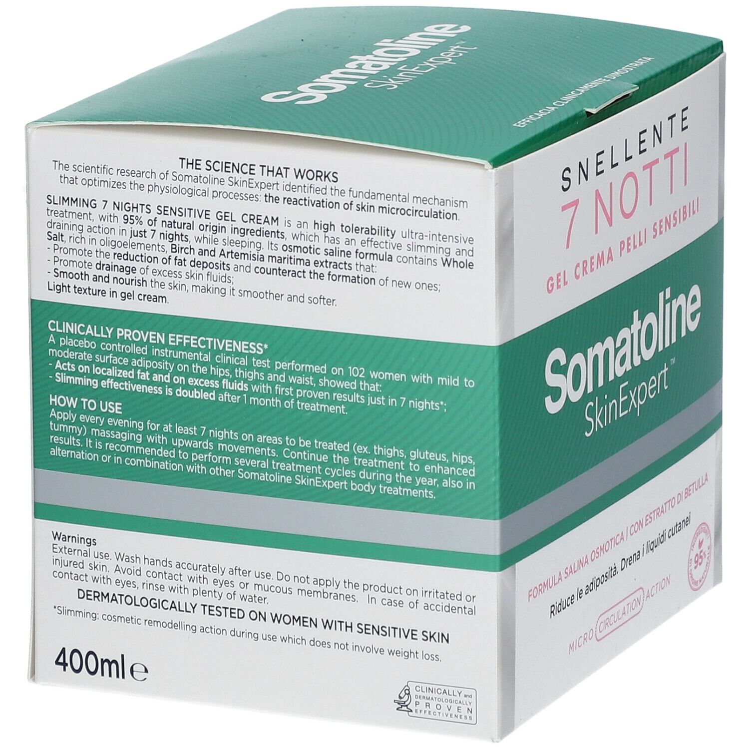 Boîte avec inscription : SLIMMING 7 NIGHTS, SENSITIVE SKIN GEL CREAM, Somatoline SkinExpert. Emballage vert et blanc.
