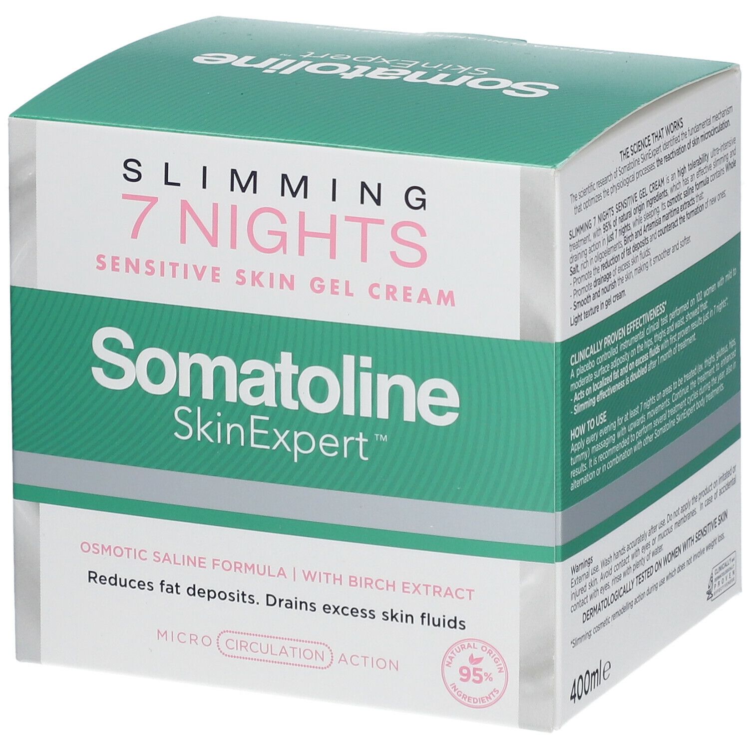 Boîte avec inscription : SLIMMING 7 NIGHTS, SENSITIVE SKIN GEL CREAM, Somatoline SkinExpert. Emballage vert et blanc.
