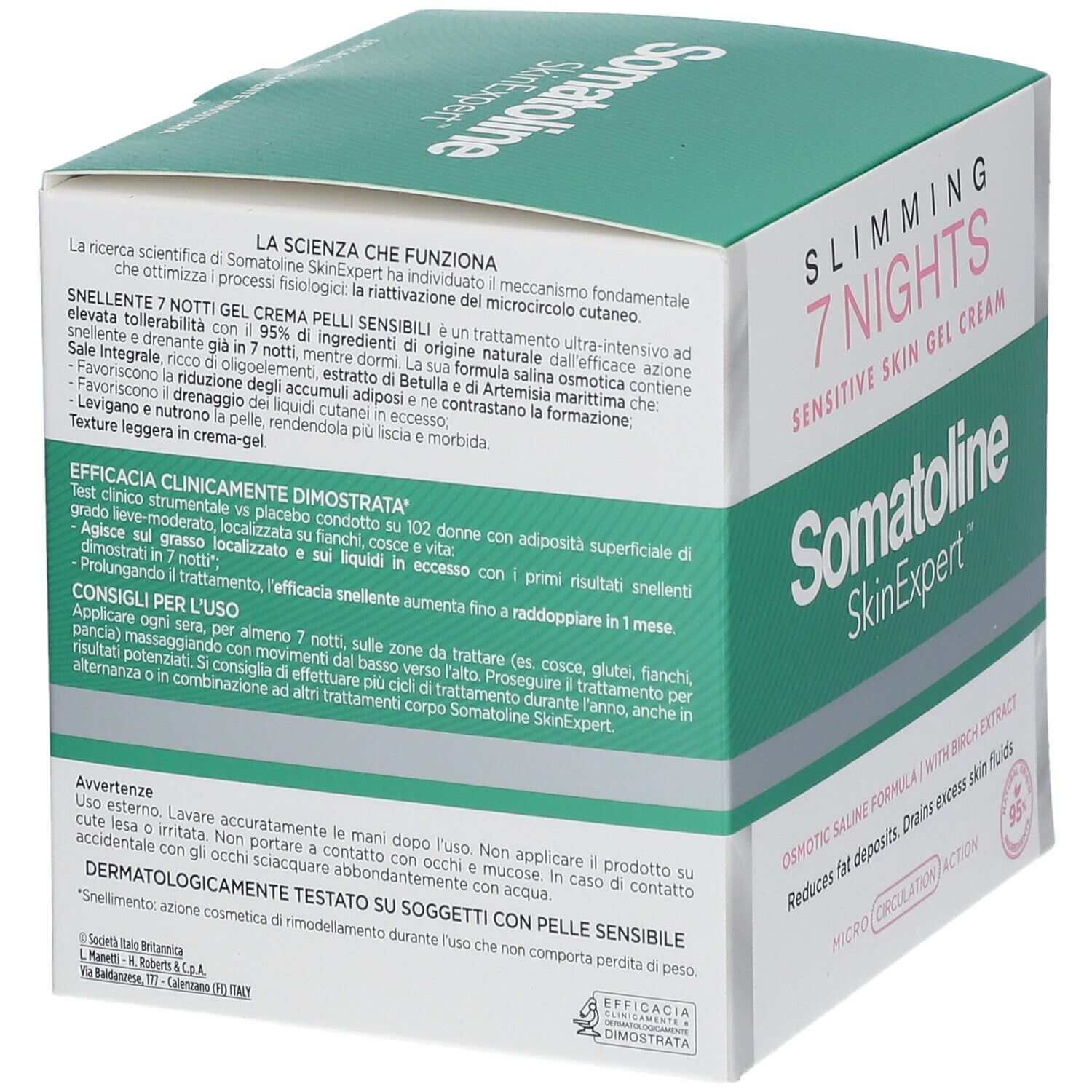 Boîte avec inscription : SNELLENTE 7 NOTTI, Gel Crema Pelli Sensibili, Somatoline SkinExpert. Emballage vert et blanc.