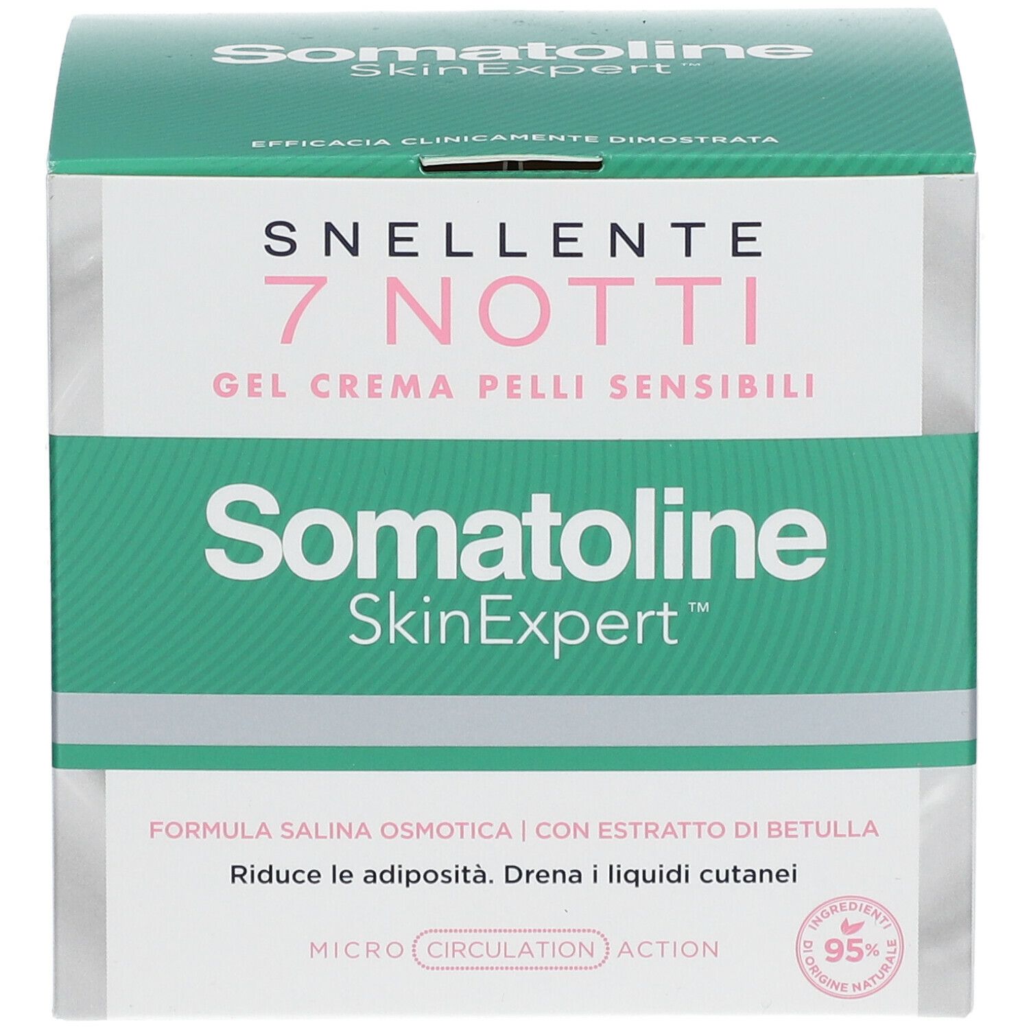 Boîte avec inscription : SNELLENTE 7 NOTTI, Gel Crema Pelli Sensibili, Somatoline SkinExpert. Emballage vert et blanc.