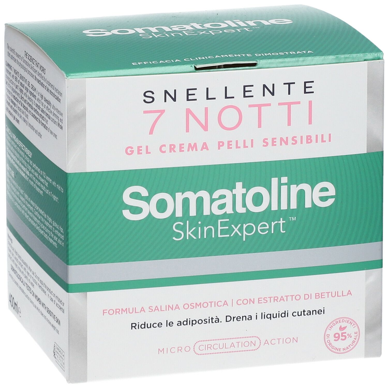 Boîte avec inscription : SNELLENTE 7 NOTTI, Gel Crema Pelli Sensibili, Somatoline SkinExpert. Emballage vert et blanc.