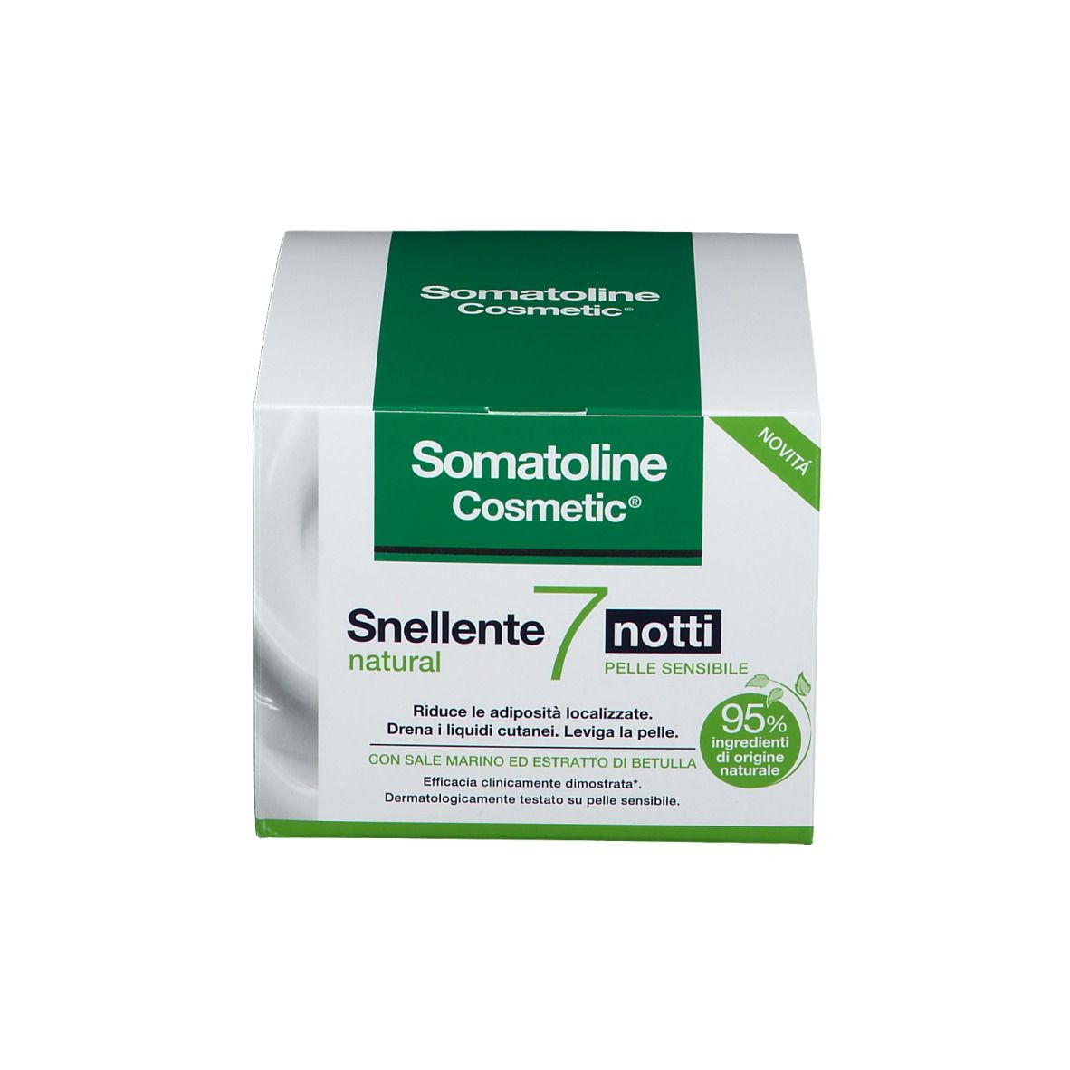 Emballage du produit. Inscription : Somatoline Cosmetic, SNELLENTE 7 notti natural, PELLE SENSIBILE.