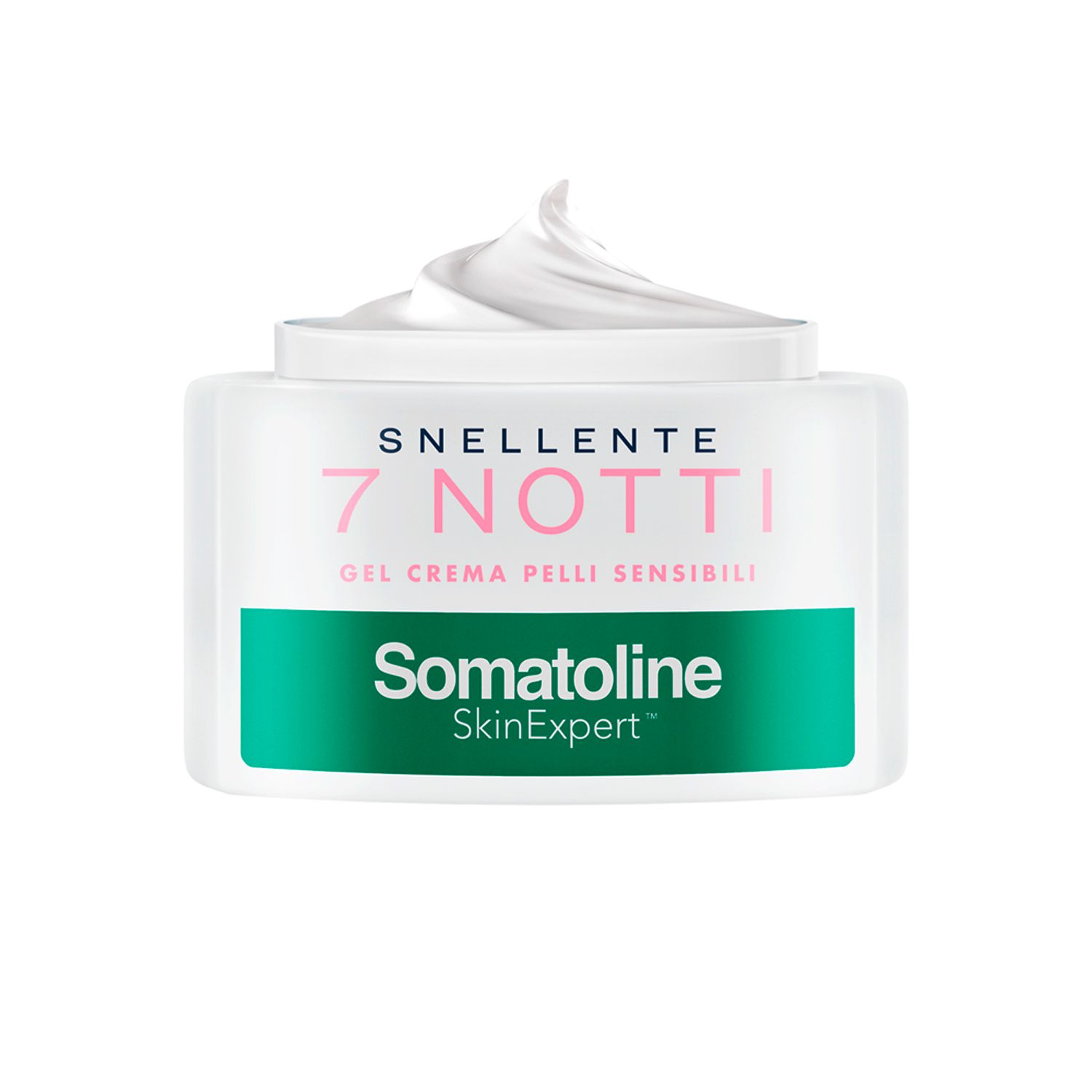 Pot blanc avec crème blanche. Inscription : SNELLENTE 7 NOTTI, Gel Crema Pelli Sensibili, Somatoline SkinExpert.