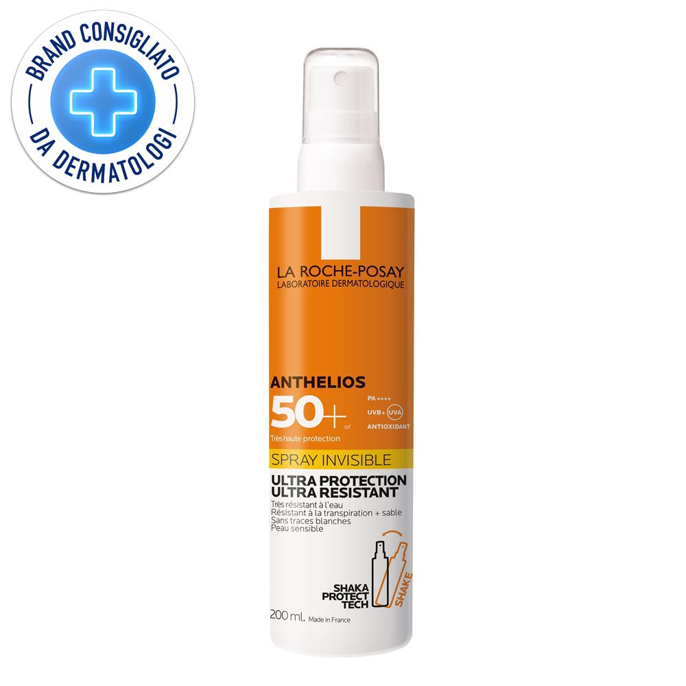 Flacone spray solare bianco-arancione. Testo: La Roche-Posay, Anthelios 50+, Spray Invisible, Ultra Protection. Testato dermatologicamente.