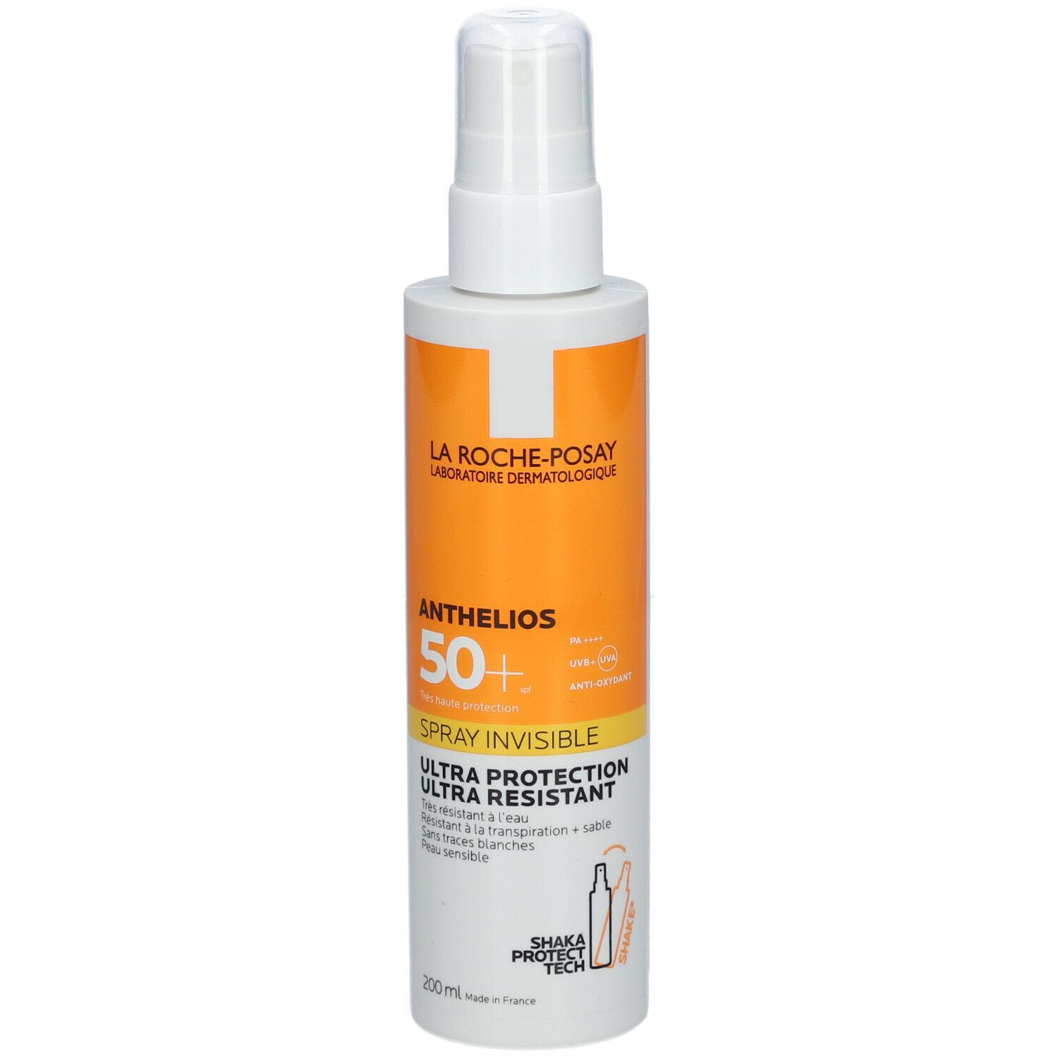 Flacone spray solare bianco-arancione. Testo: La Roche-Posay, Anthelios 50+, Spray Invisible, Ultra Protection. 200 ml.