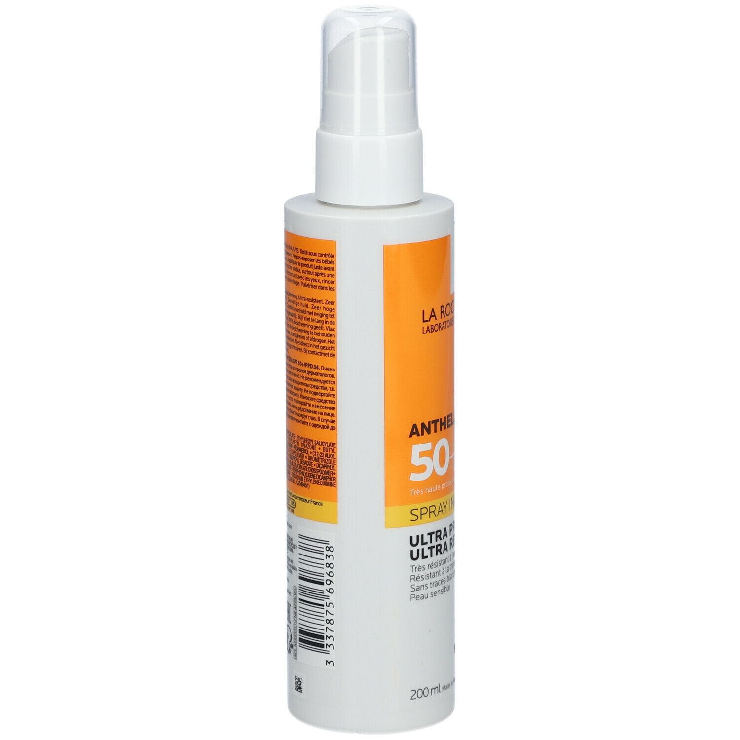 Retro del flacone spray solare. Testo e codice a barre. Sfondo arancione. 200 ml.