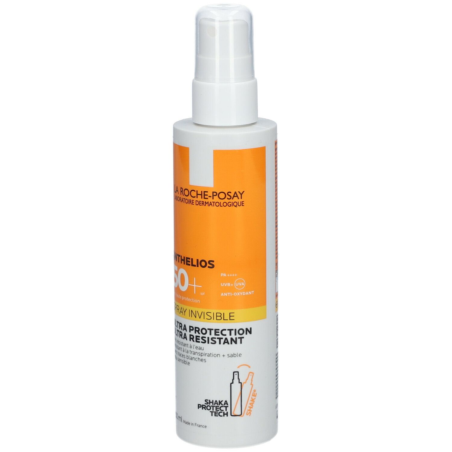 Flacone spray solare bianco-arancione. Testo: La Roche-Posay, Anthelios 50+, Spray Invisible, Ultra Protection. 200 ml.
