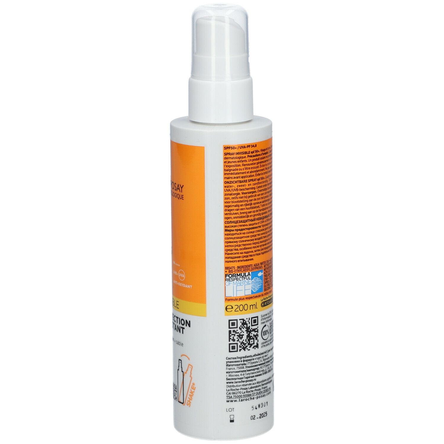 Retro del flacone spray solare. Testo e codice a barre. Sfondo arancione. 200 ml.