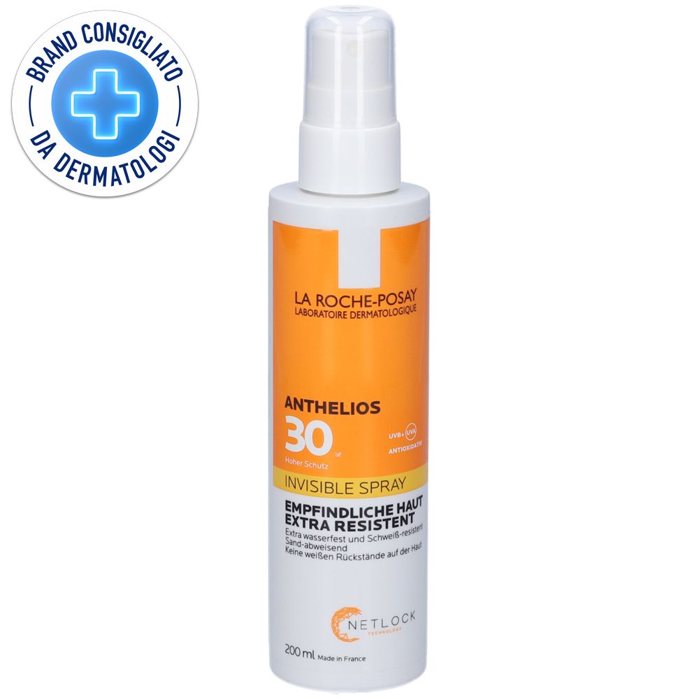 La Roche-Posay Anthelios 30 Invisible Spray. Flacone bianco e arancione. Scritta: Pelle sensibile. Testato dermatologicamente.