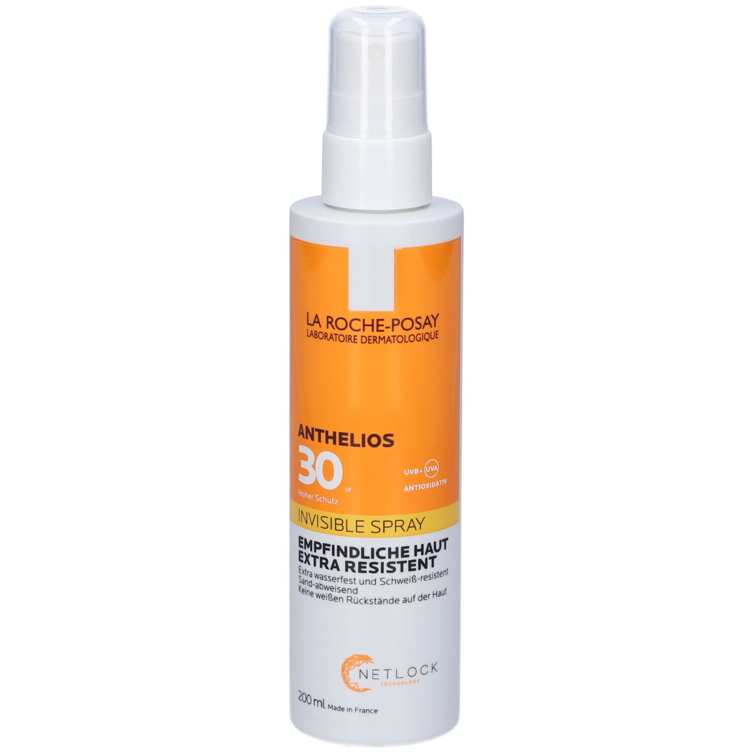 La Roche-Posay Anthelios 30 Invisible Spray. Flacone bianco e arancione. Testo: Pelle sensibile, extra resistente.