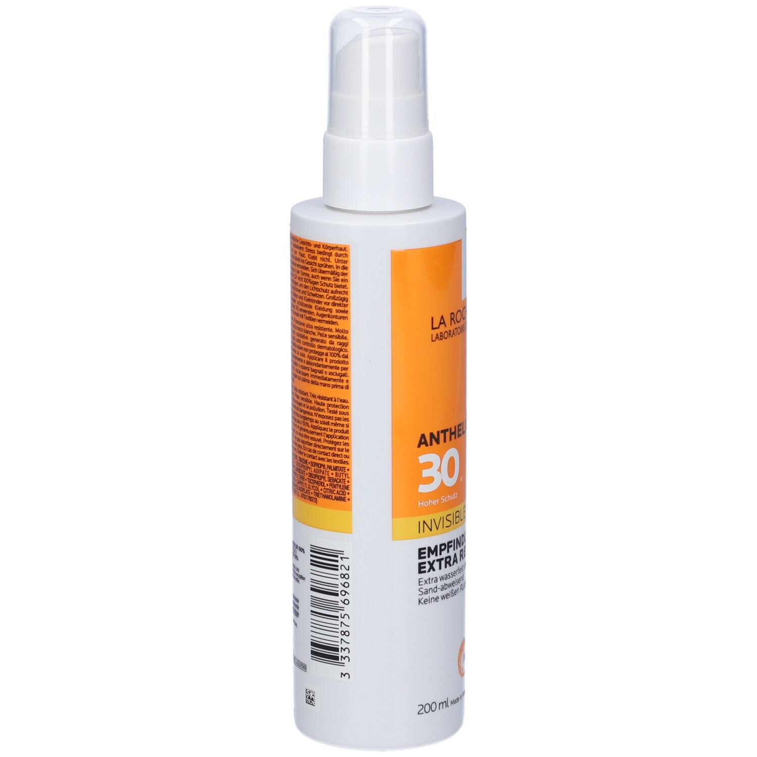 La Roche-Posay Anthelios 30 Invisible Spray. Flacone bianco e arancione. Retro con testo e codice a barre.