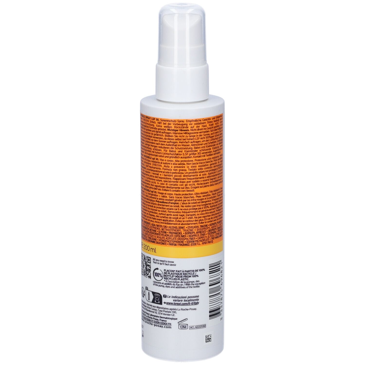 La Roche-Posay Anthelios 30 Invisible Spray. Flacone bianco e arancione. Retro con testo e codice QR.