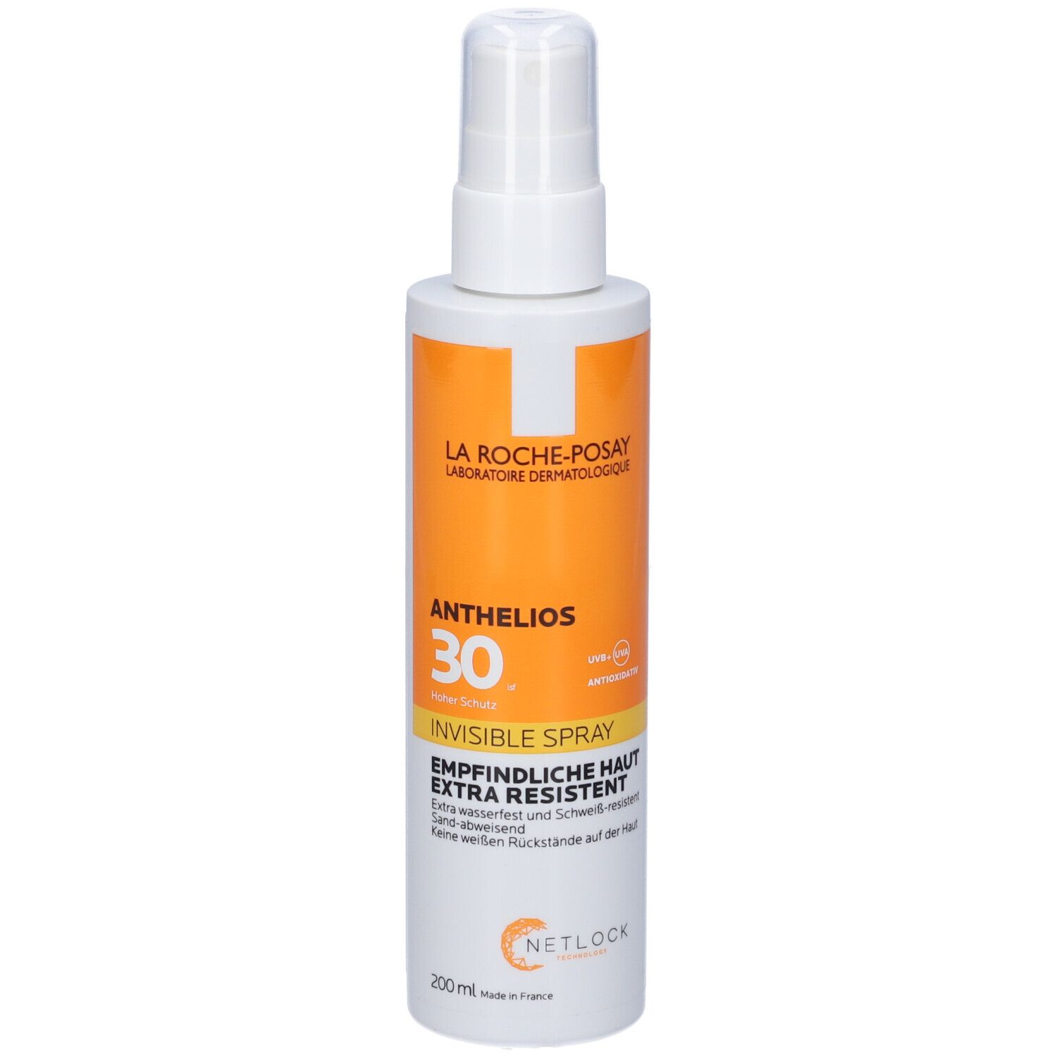 La Roche-Posay Anthelios 30 Invisible Spray. Flacone bianco e arancione. Scritta: Pelle sensibile.