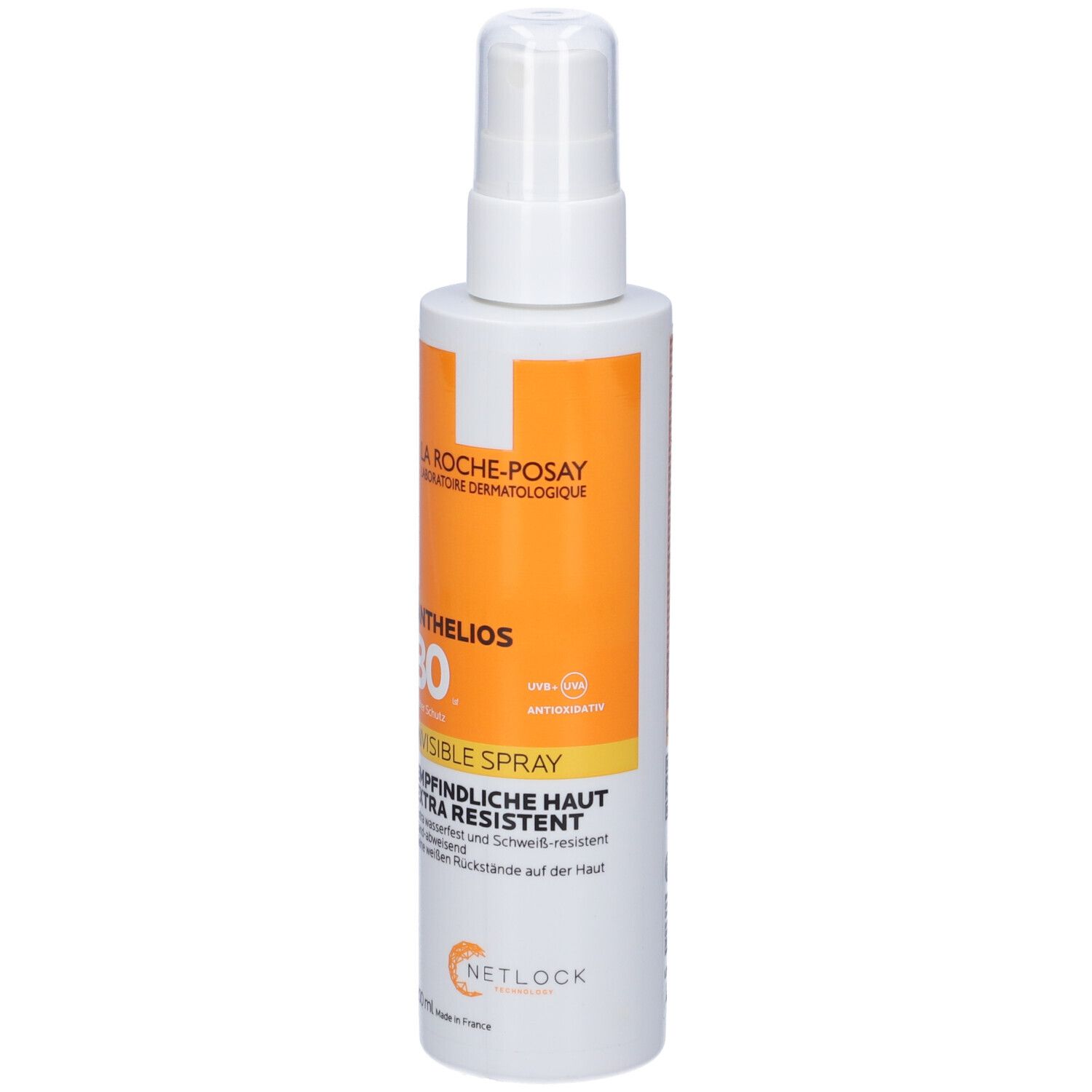 La Roche-Posay Anthelios 30 Invisible Spray. Flacone bianco e arancione. Scritta: Pelle sensibile, extra resistente.