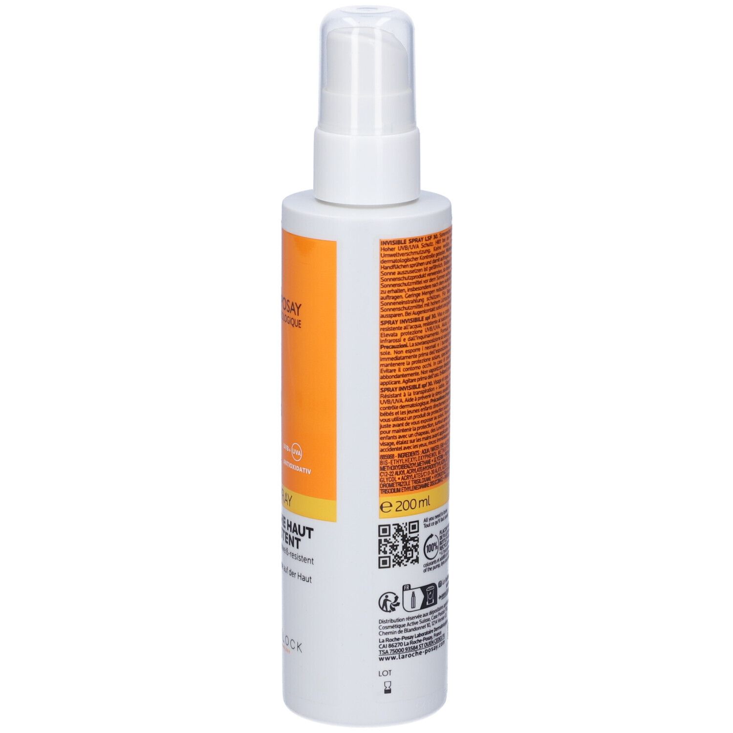 La Roche-Posay Anthelios 30 Invisible Spray. Flacone bianco e arancione. Retro con testo e codice QR.