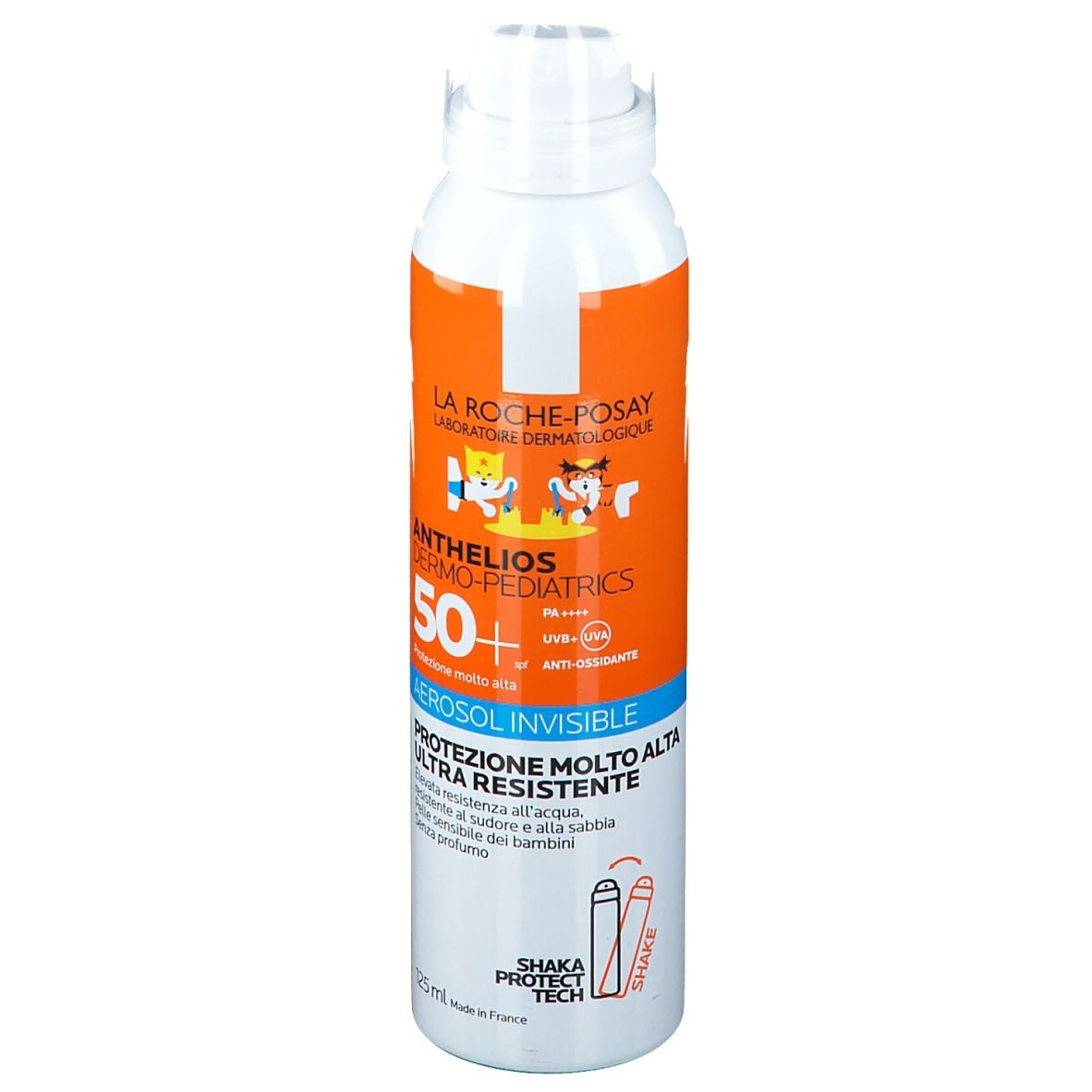 Spray solare per bambini. Flacone spray bianco-arancione con informazioni e illustrazioni. SPF 50+.