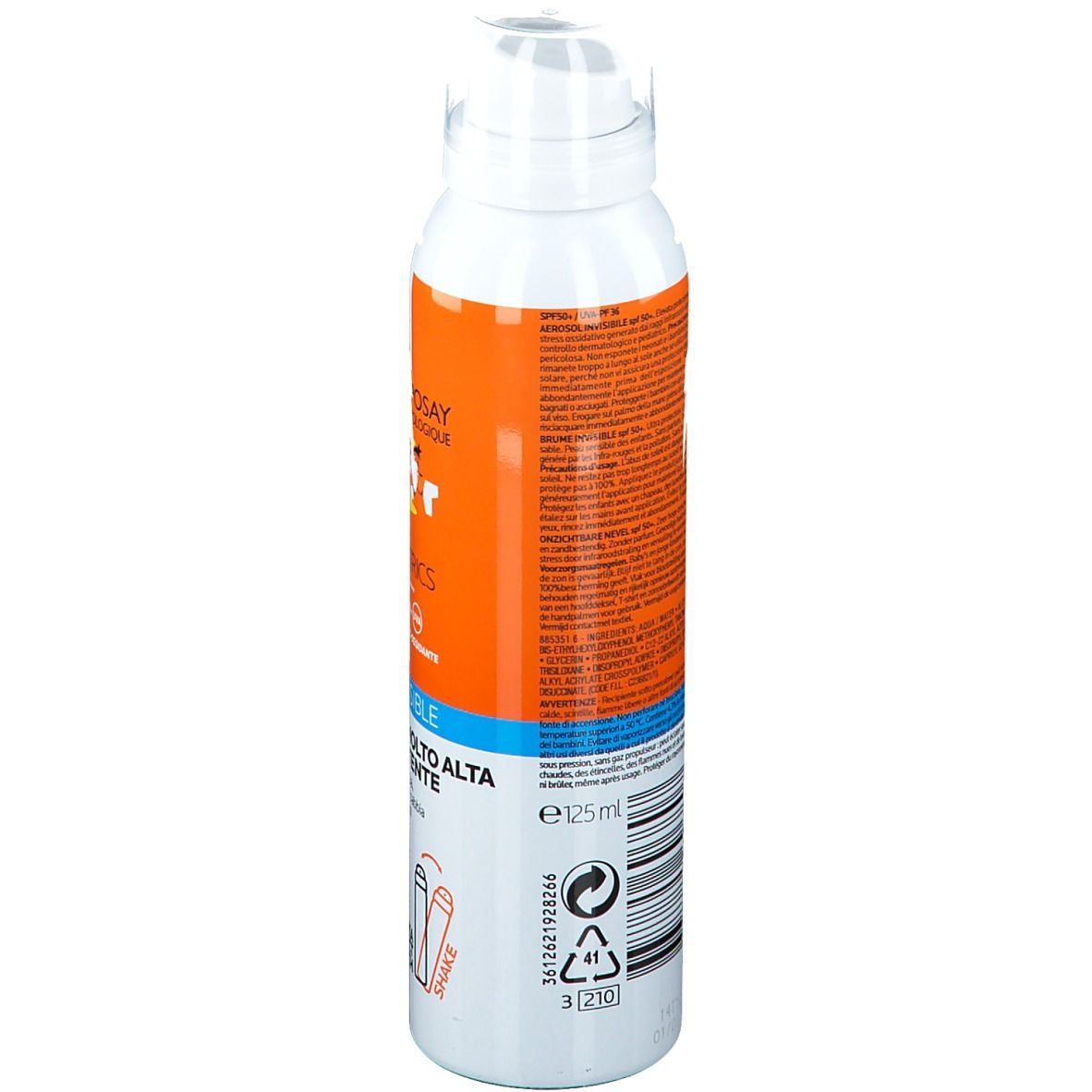 Flacone spray solare, vista laterale. Bianco-arancione, con informazioni sul prodotto e codice a barre. Volume: 125 ml.