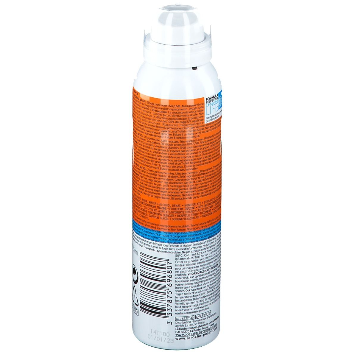 Flacone spray solare, vista laterale. Bianco-arancione, con informazioni sul prodotto e codice a barre. Volume: 125 ml.