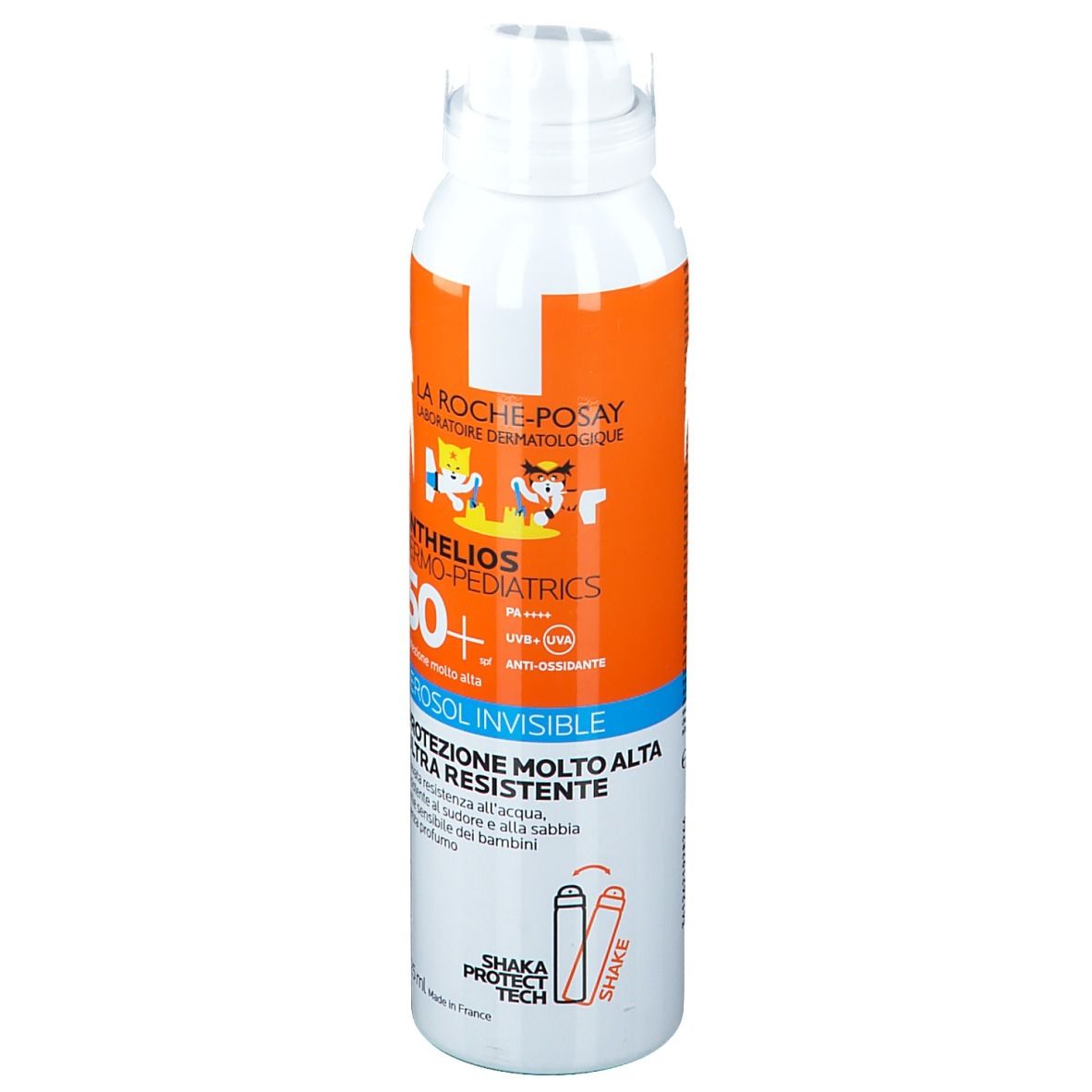 Spray solare per bambini. Flacone spray bianco-arancione con informazioni e illustrazioni. SPF 50+.