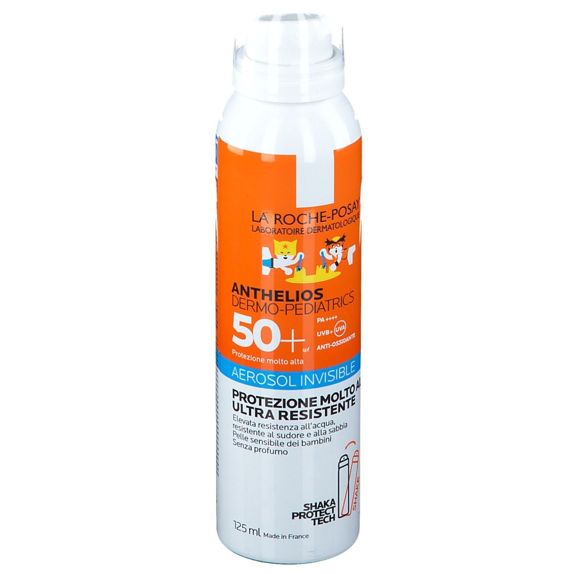 Spray solare per bambini. Flacone spray bianco-arancione con informazioni e illustrazioni. SPF 50+.