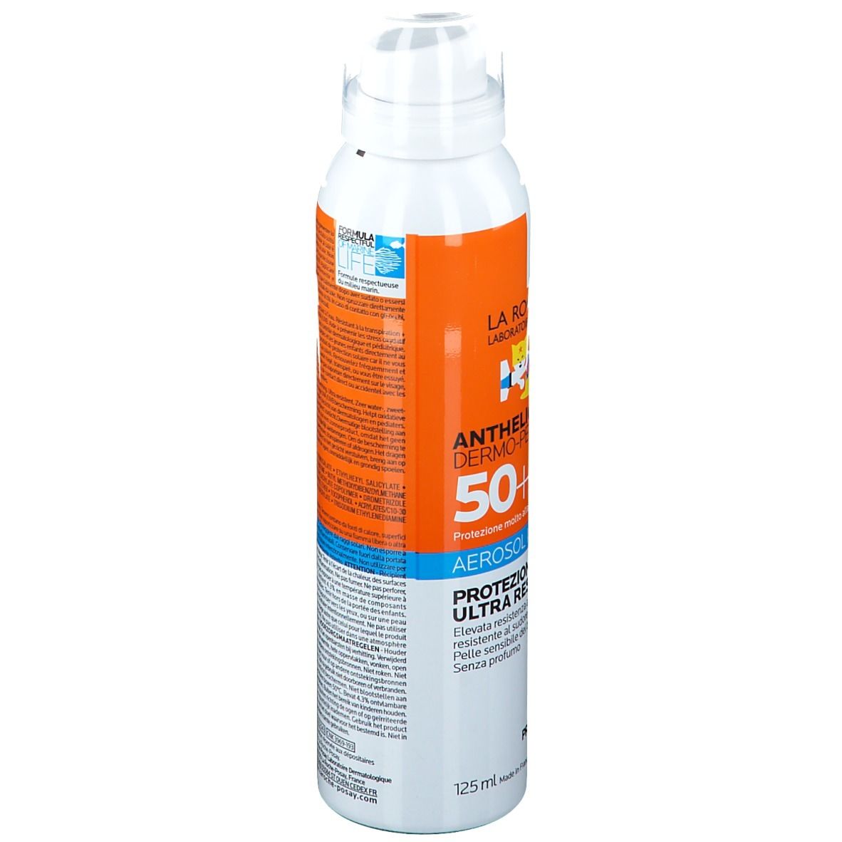 Spray solare per bambini. Flacone spray bianco-arancione con informazioni e illustrazioni. SPF 50+.