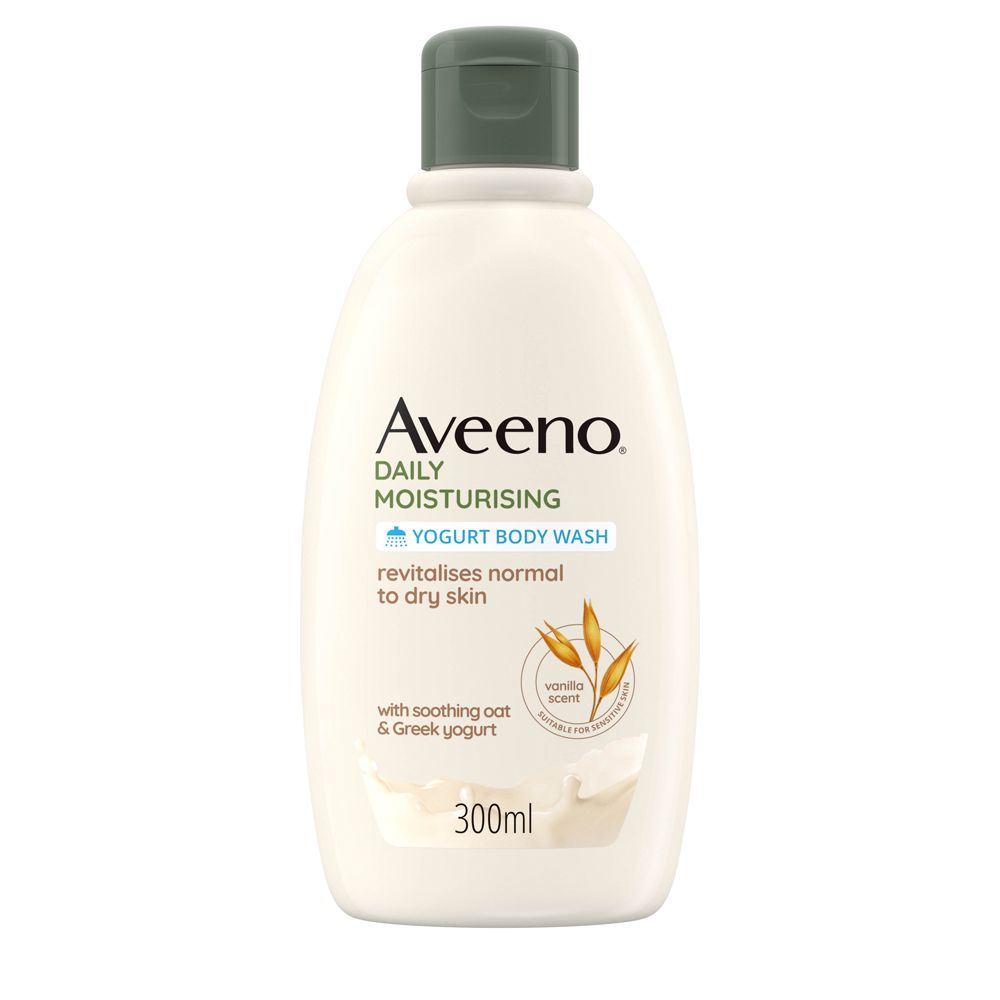 Aveeno Daily Moisturising, bagnoschiuma. Flacone bianco, tappo verde. 300ml.