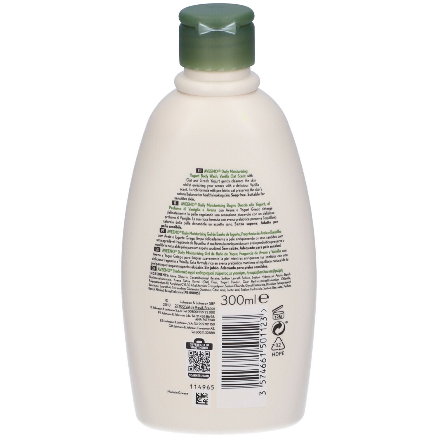 Aveeno Daily Moisturising. Flacone verde. Retro con testo e grafica. 300ml.
