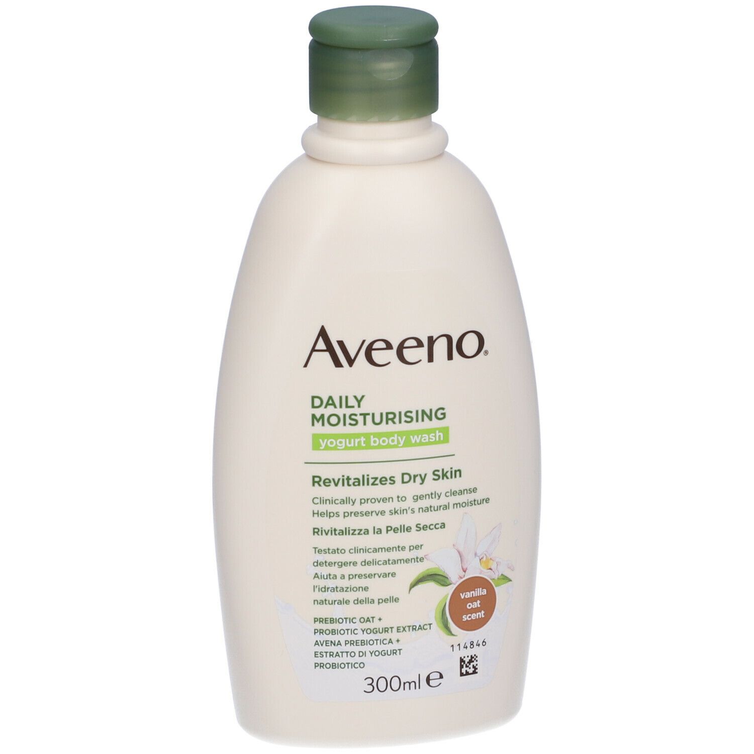 Aveeno Daily Moisturising. Flacone verde. Testo e grafica. 300ml.