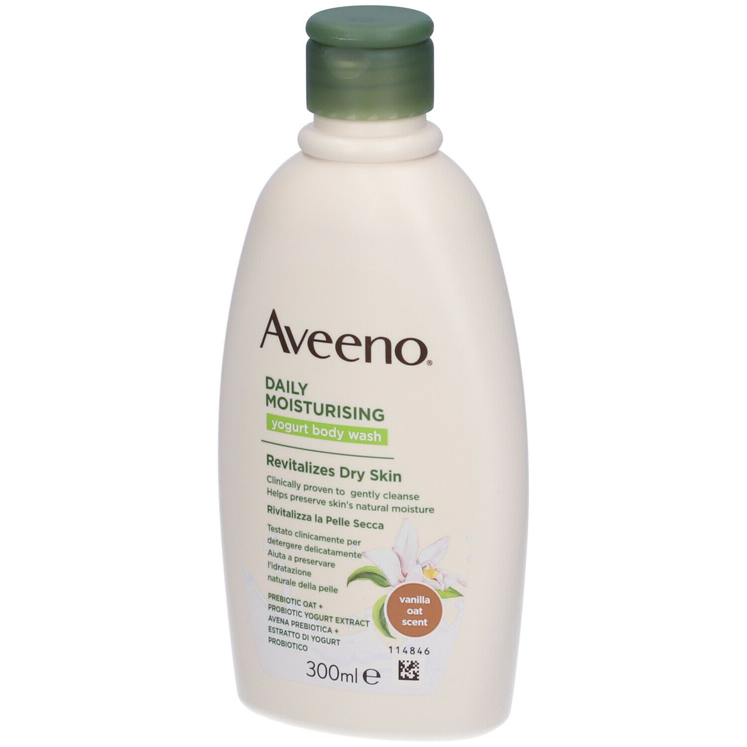 Aveeno Daily Moisturising. Flacone verde. Vista laterale.