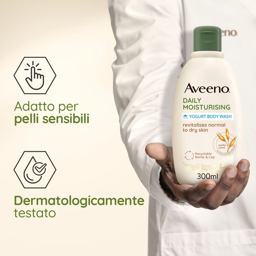 Aveeno Body Wash. Flacone verde. Testo: Adatto alle pelli sensibili. Dermatologicamente testato.