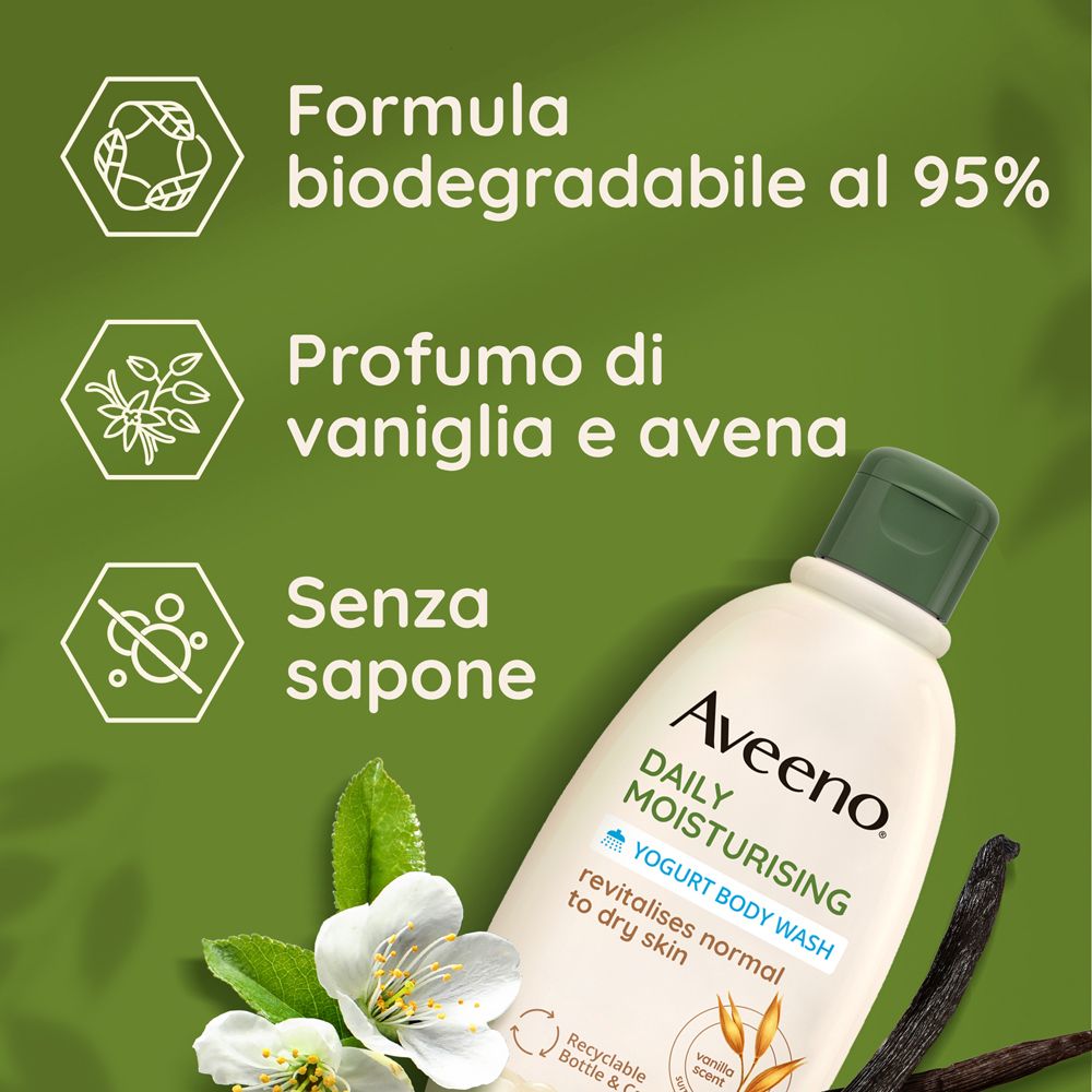 Flacone Aveeno. Testo: 95% biodegradabile. Profumo vaniglia e avena. Senza sapone.