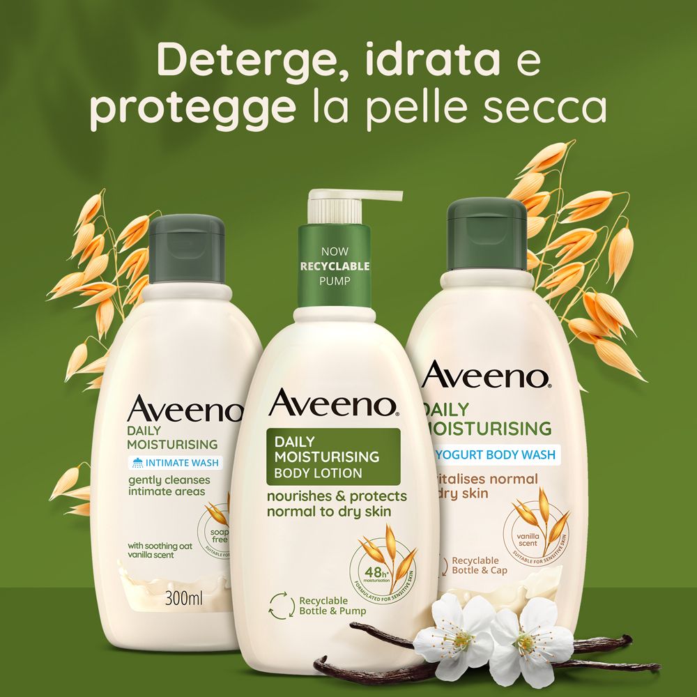 Tre flaconi Aveeno. Testo: Deterge, idrata e protegge la pelle secca.