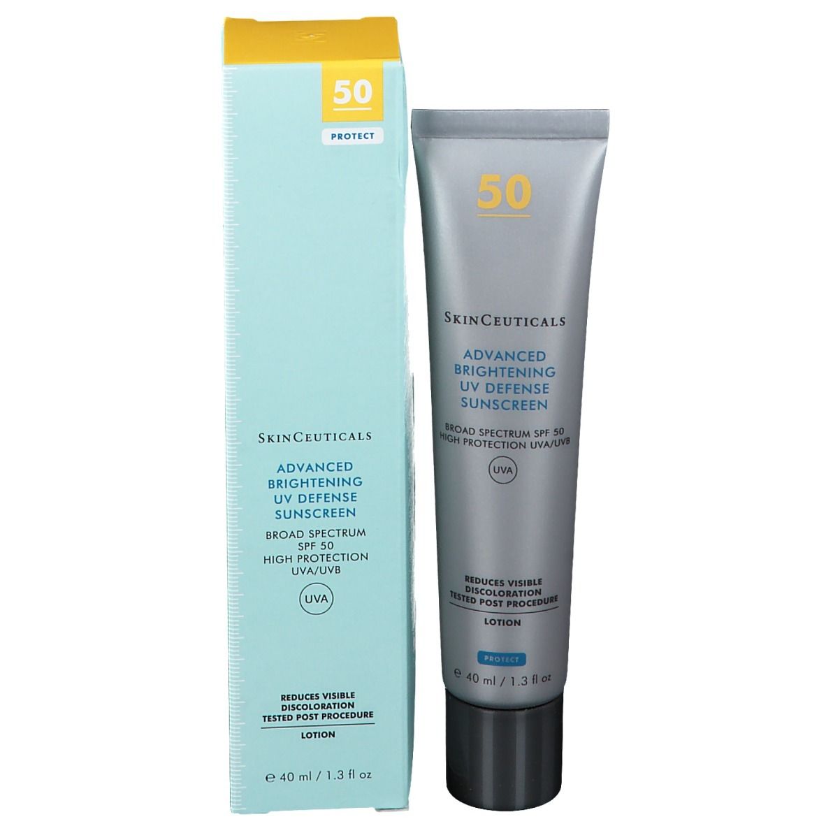 Composizione: tubo e scatola. Scritta: SkinCeuticals Advanced Brightening UV Defense Sunscreen SPF 50. Accenti gialli.