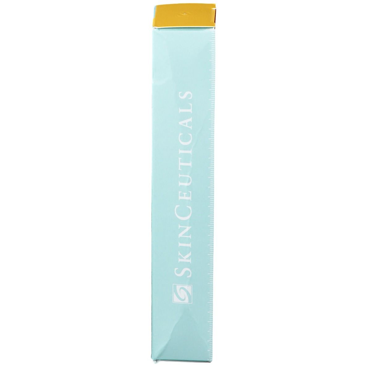 Scatola stretta e alta. Scritta: SkinCeuticals. Turchese e giallo. Coperchio giallo.