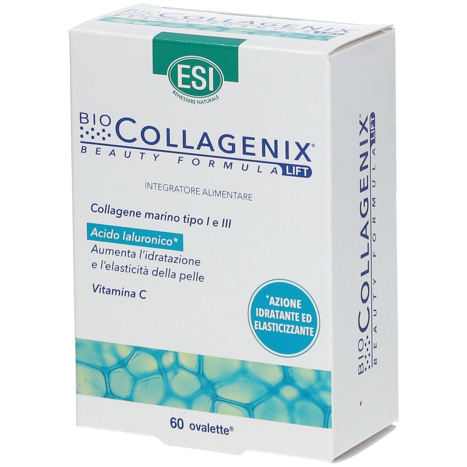 Scatola bianca BIO COLLAGENIX. Contiene 60 ovalette. Logo ESI in alto.