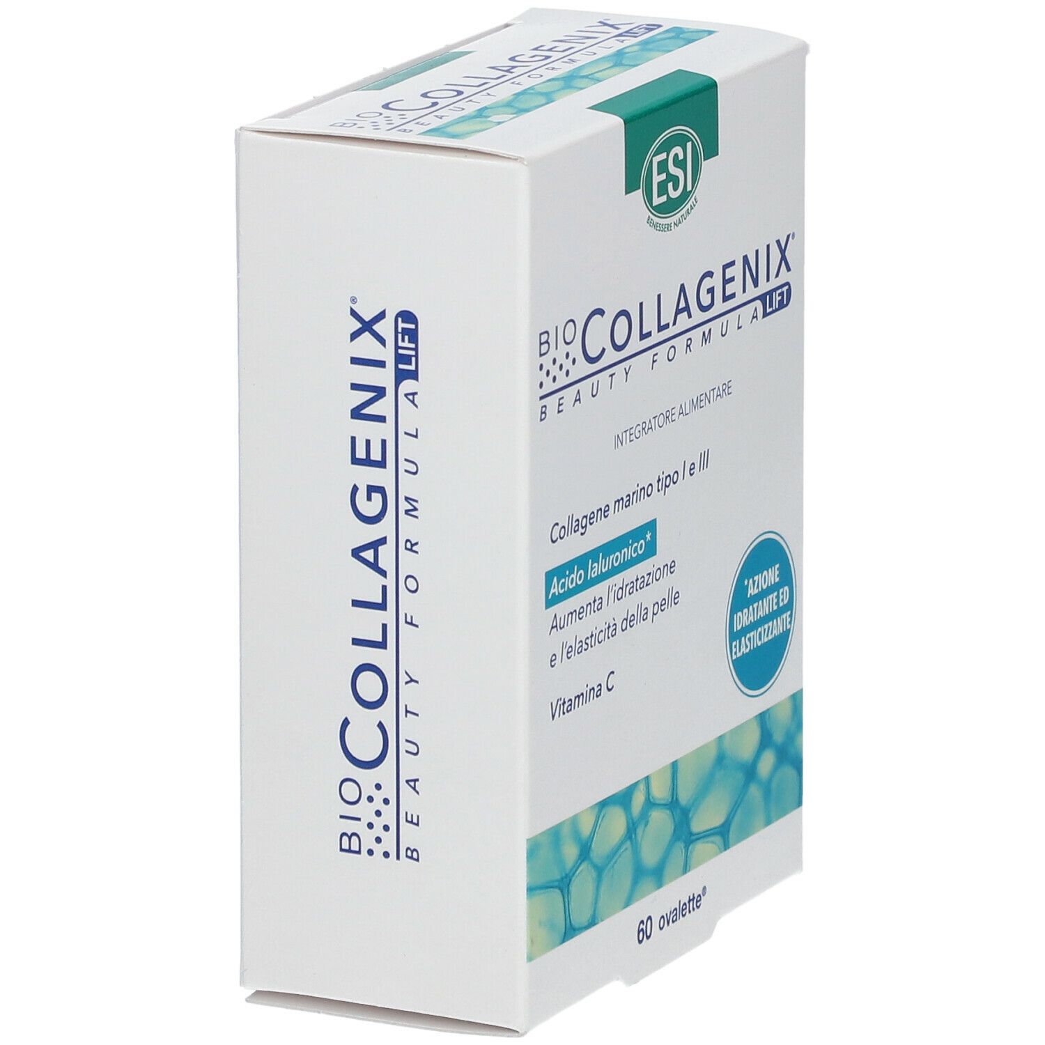 Scatola bianca BIO COLLAGENIX. Contiene 60 ovalette. Logo ESI. Motivi blu sul lato.