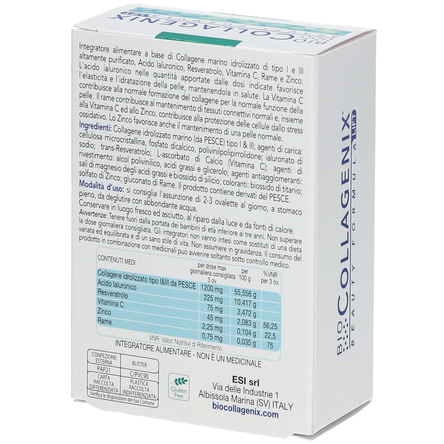 Retro della scatola bianca BIO COLLAGENIX. Contiene ingredienti e informazioni nutrizionali.