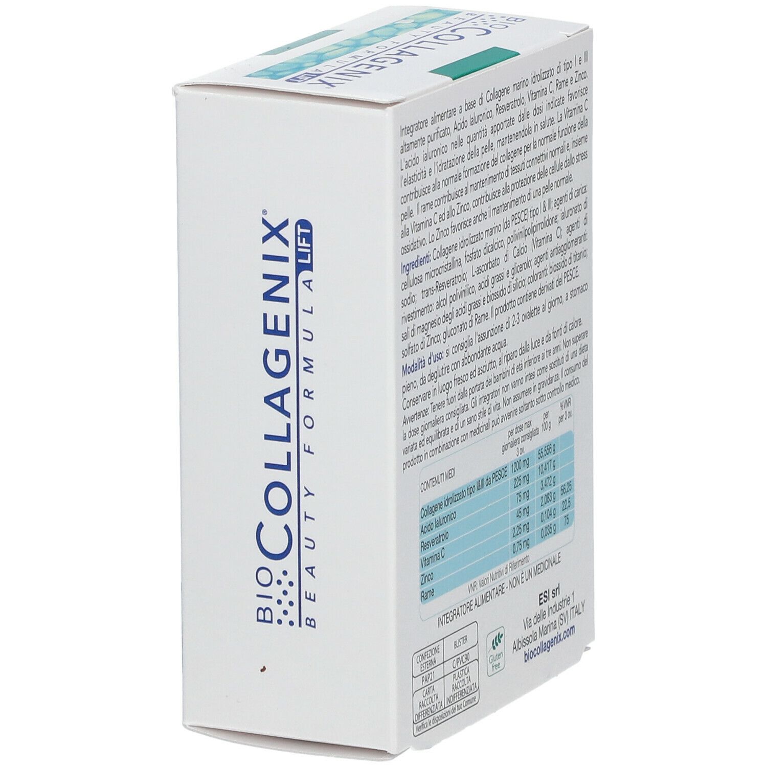 Scatola bianca BIO COLLAGENIX. Contiene ingredienti e informazioni nutrizionali. Logo ESI.