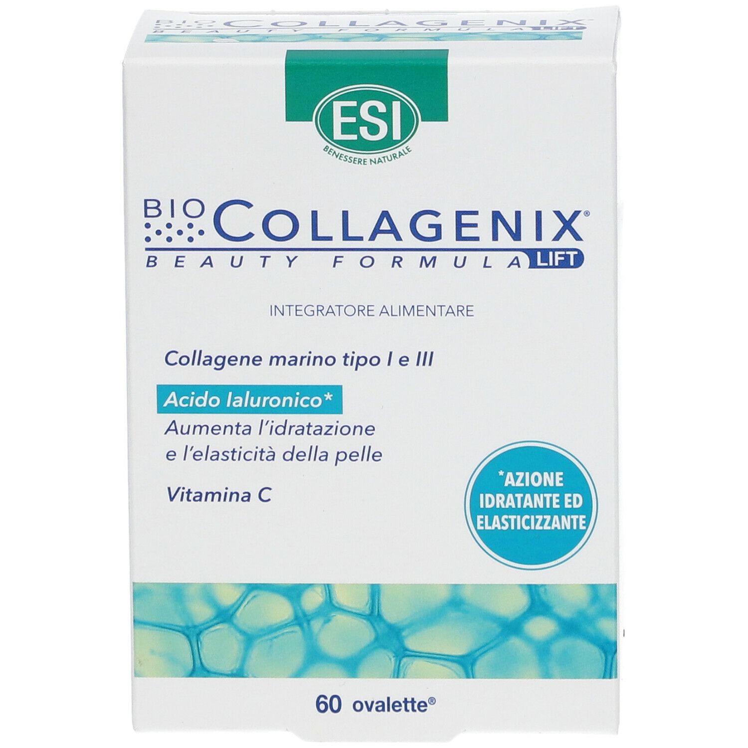 Scatola bianca BIO COLLAGENIX. Contiene 60 ovalette. Logo ESI. Motivi blu sul lato.